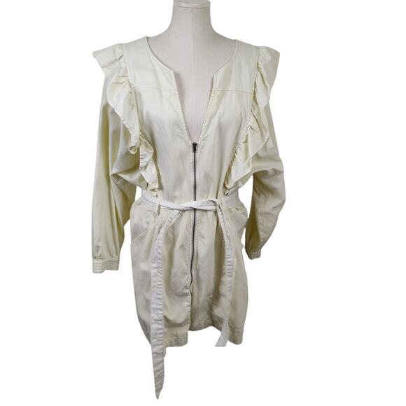 Free People Sz XL Imogene Cream Denim Mini Dress Ruffle Puff Sleeve Dolman - Picture 4 of 17